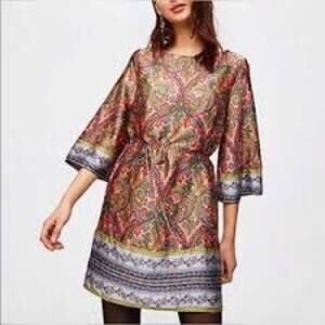 LOFT Tunic Shift Dress Women size Medium Multicolor Paisley 3/4 Bell Sleeves